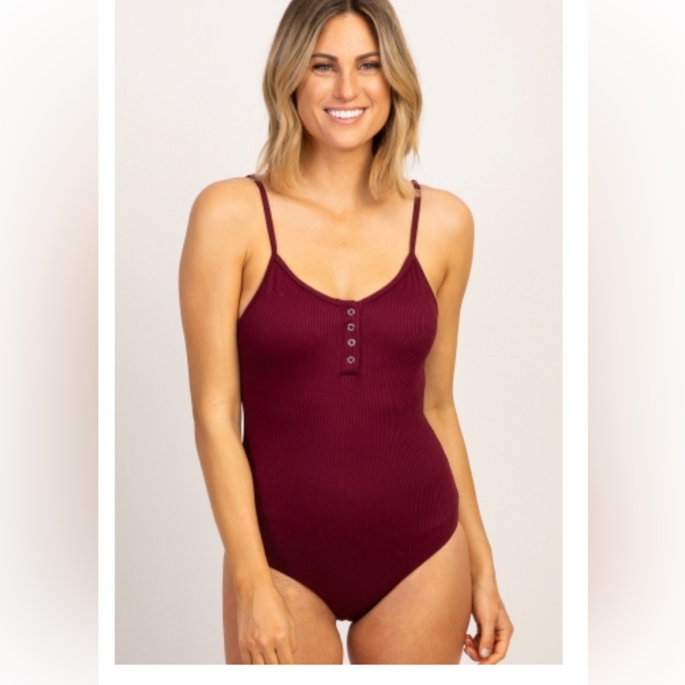 NEW Burgundy Red Solid Ribbed Button One-Piece Bathing Swimsuit Size Small